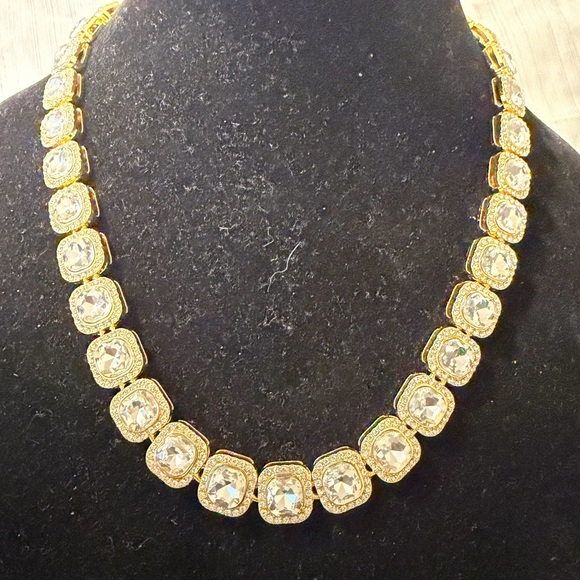 Gold Tone Cushion-Cut Crystal Tennis Statement Necklace – Vintage Inspired Glam - Picture 4 of 10